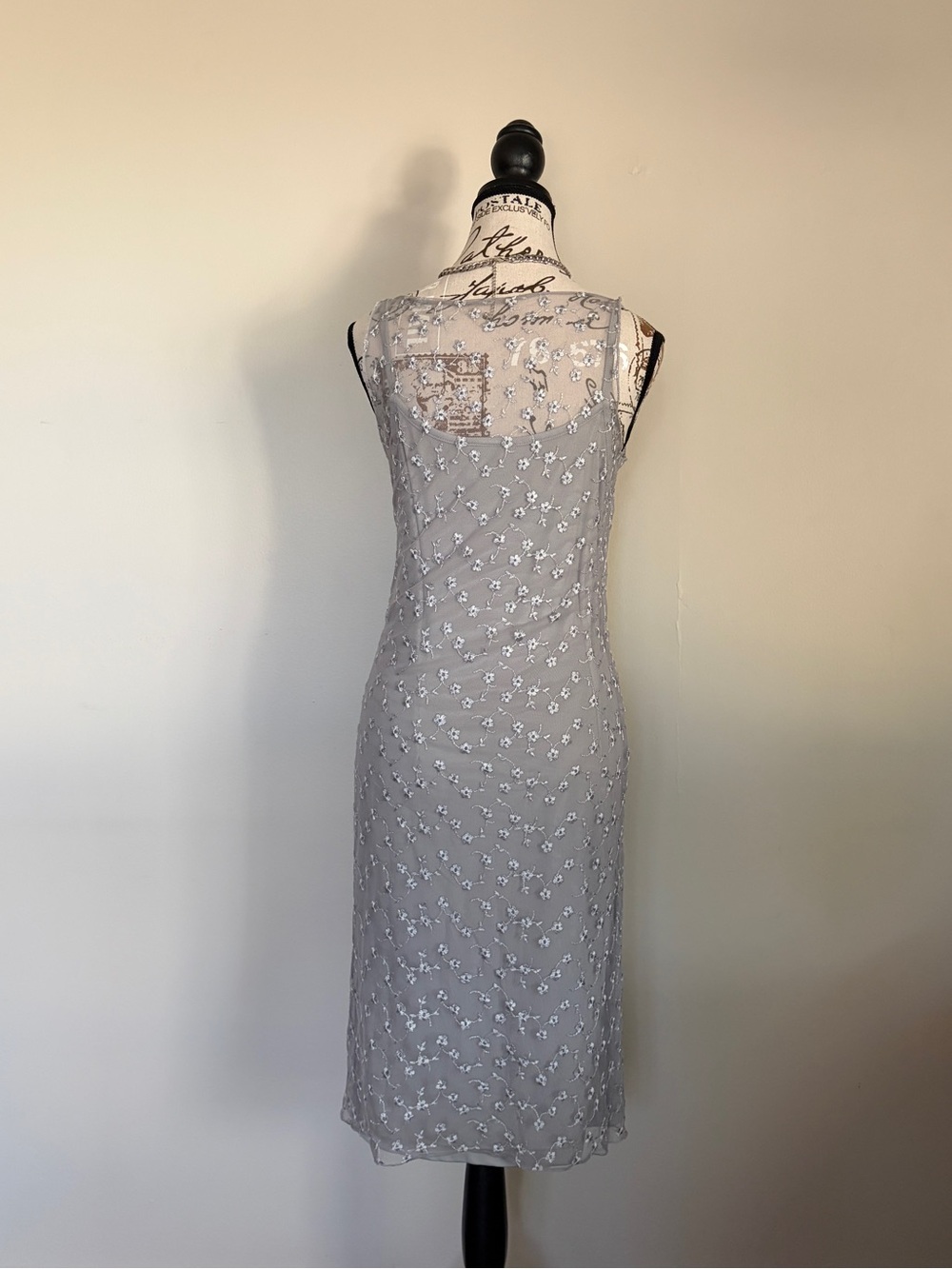 Vintage 90s Romantic Silver Grey Floral Embroidered Sheer Mesh Midi Dress - Picture 5 of 12